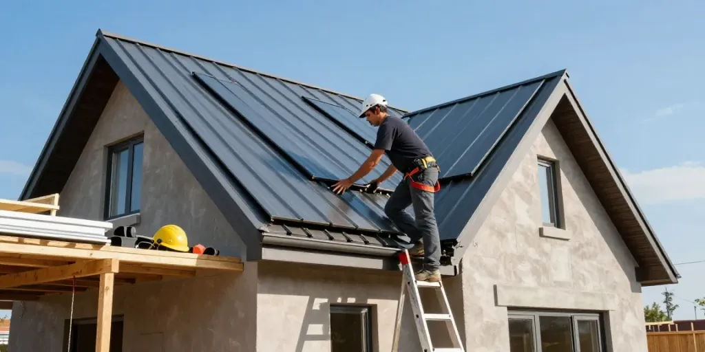 Standing Seam Roofing installation at a modern home site with skilled roofer at work.