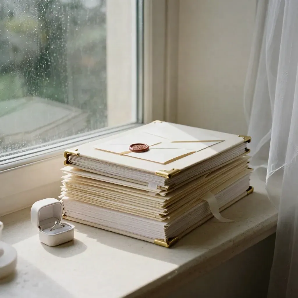 Ivory wedding planner binder with ring box, ribbon spools and envelopes on stone