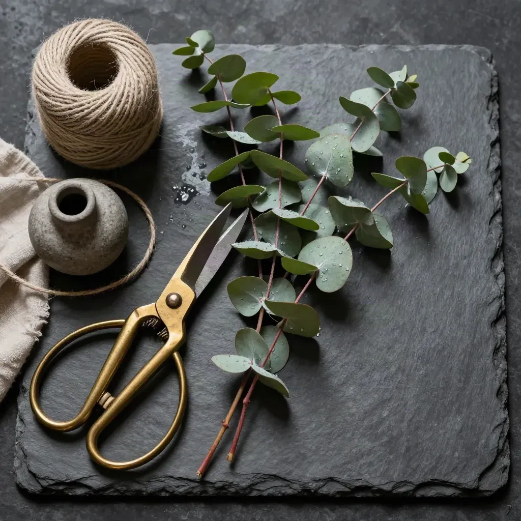 Brass florist shears with eucalyptus, twine, and a stone bud vase on slate.