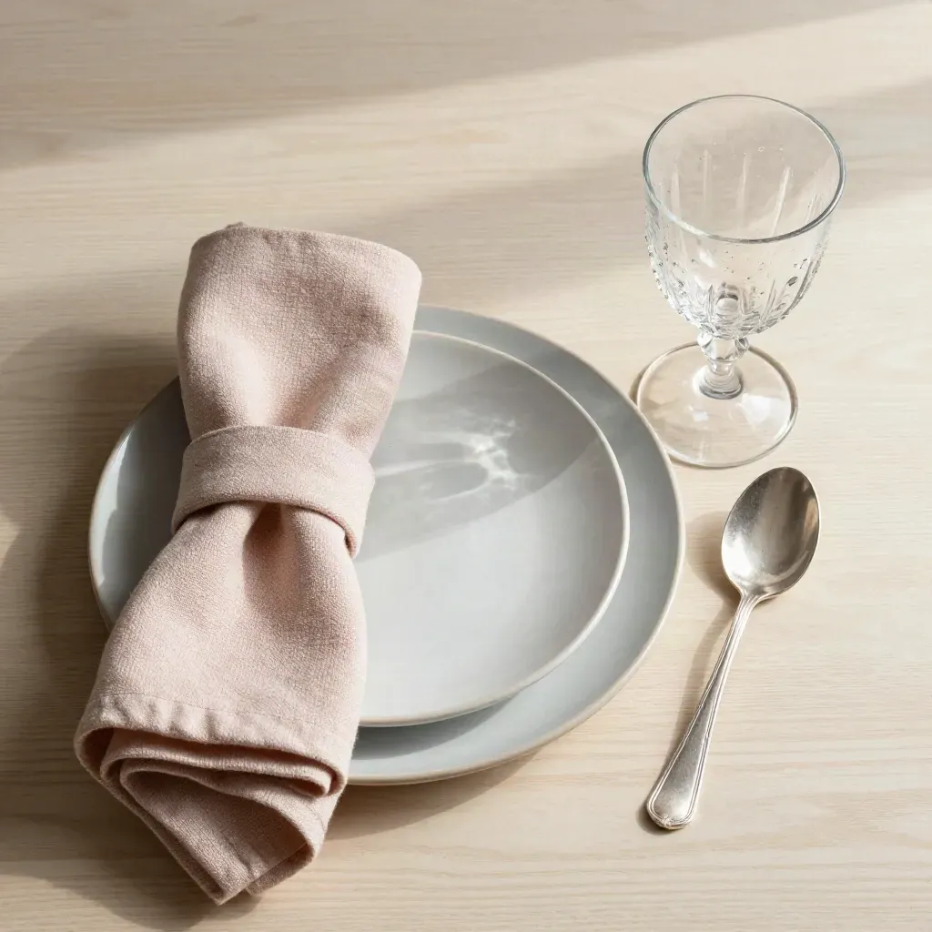 Overhead wedding table setting with charger, napkin, stemware, spoon, and soft steam.