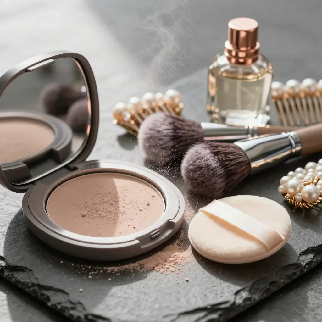 Macro beauty still life with compact, brush set, atomizer, and pearl comb on dark stone.