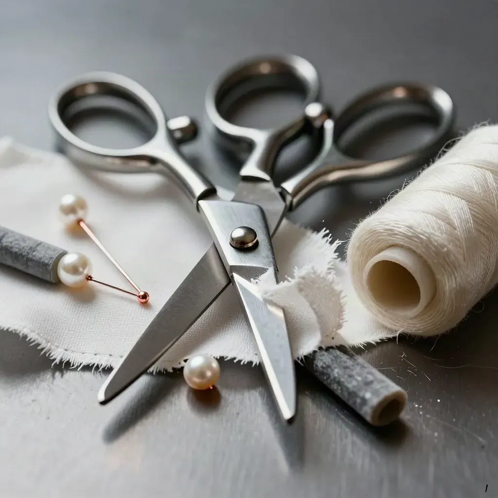 Tailor shears, chalk, muslin, pearl pins, and thread on brushed metal
