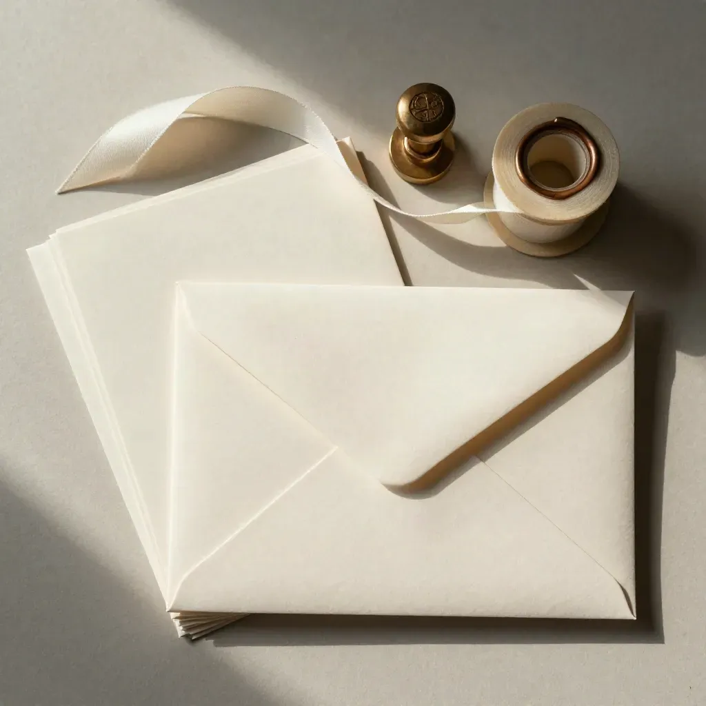 Stationery still life with envelopes, wax seal stamp, ribbon, and cards on cream plaster.