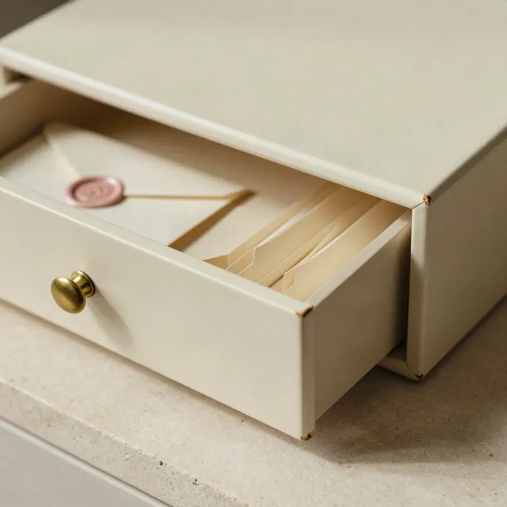 Cream index card box with blank dividers, brass clip, and sealed envelopes on pale stone.