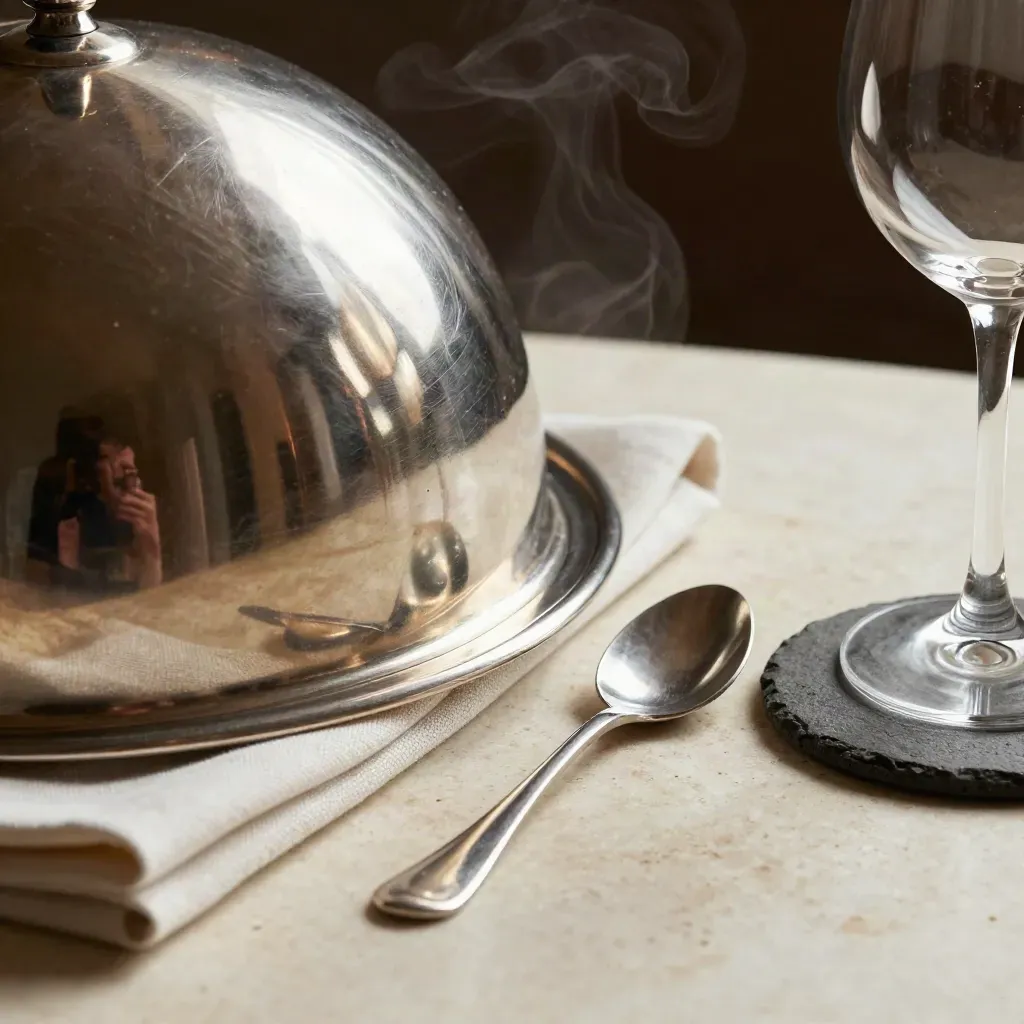 Silver cloche, linen napkin, spoon, stemware, and stone coaster with steam