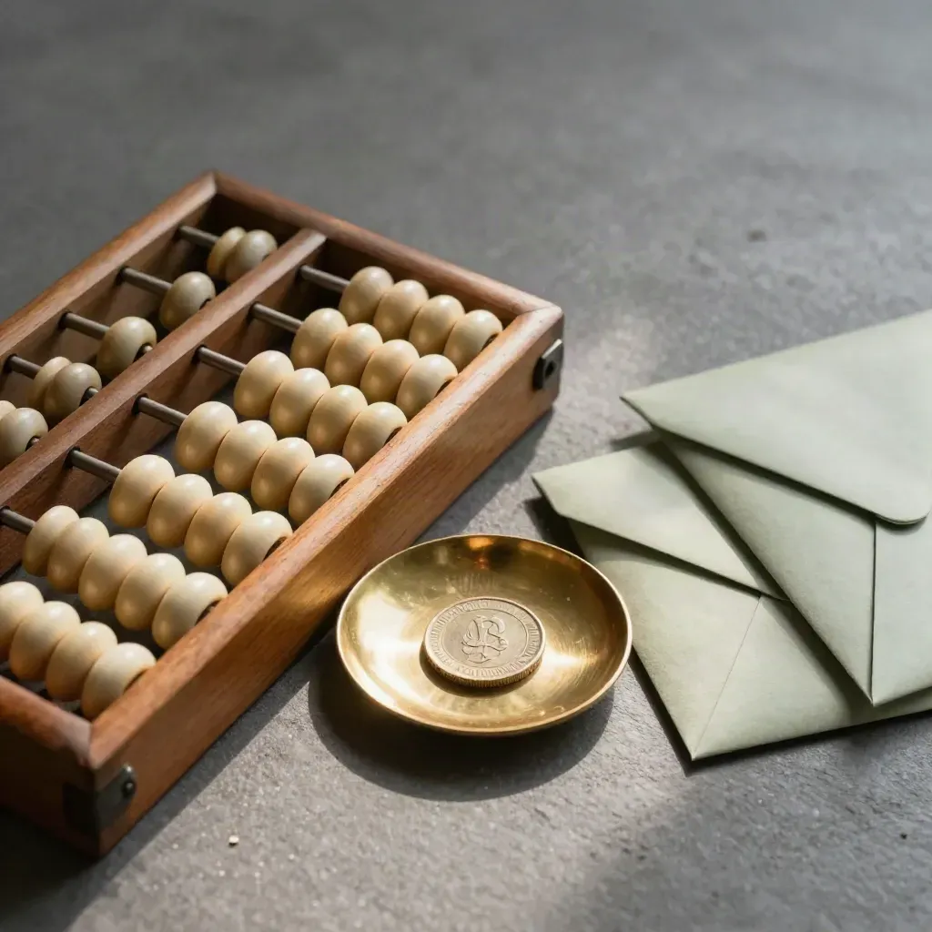 Wooden abacus, brass coin tray, and sage budget envelopes on a dark studio surface.