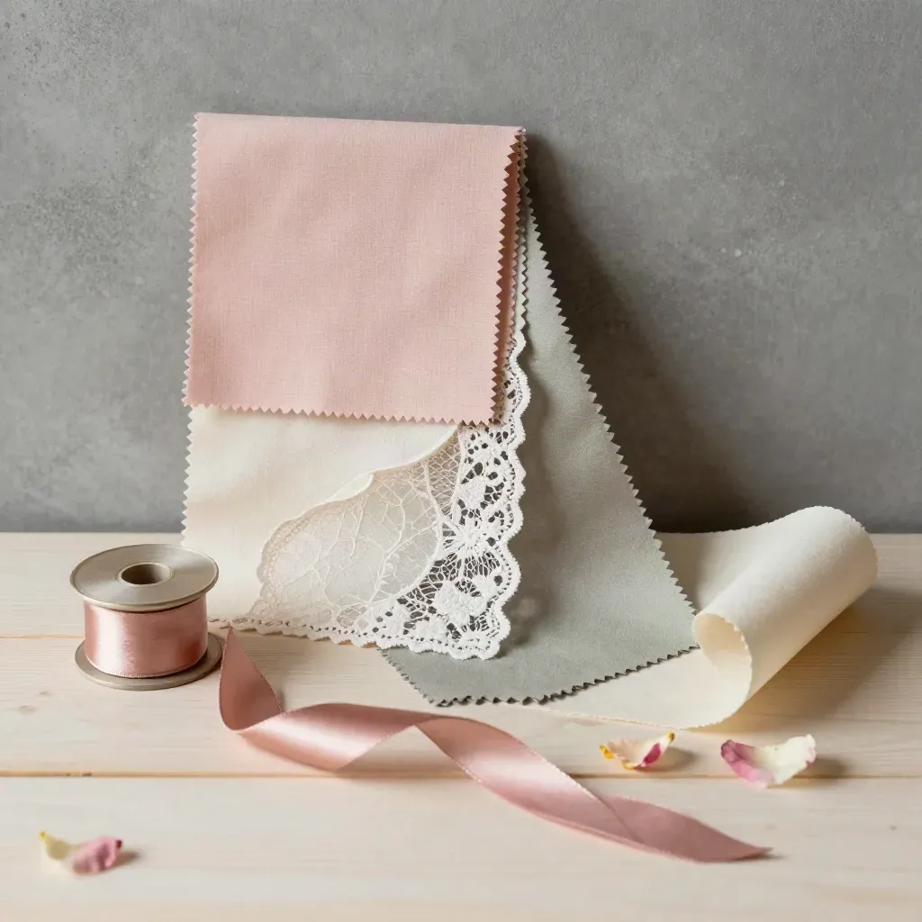 Fabric swatches, lace, ribbon and vellum on pale wood with pressed petals, lit dramatically from above.