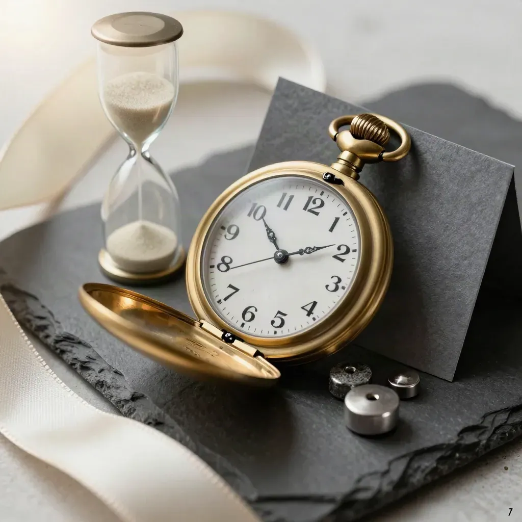 Brass pocket watch, hourglass, ribbon, and markers on dark slate