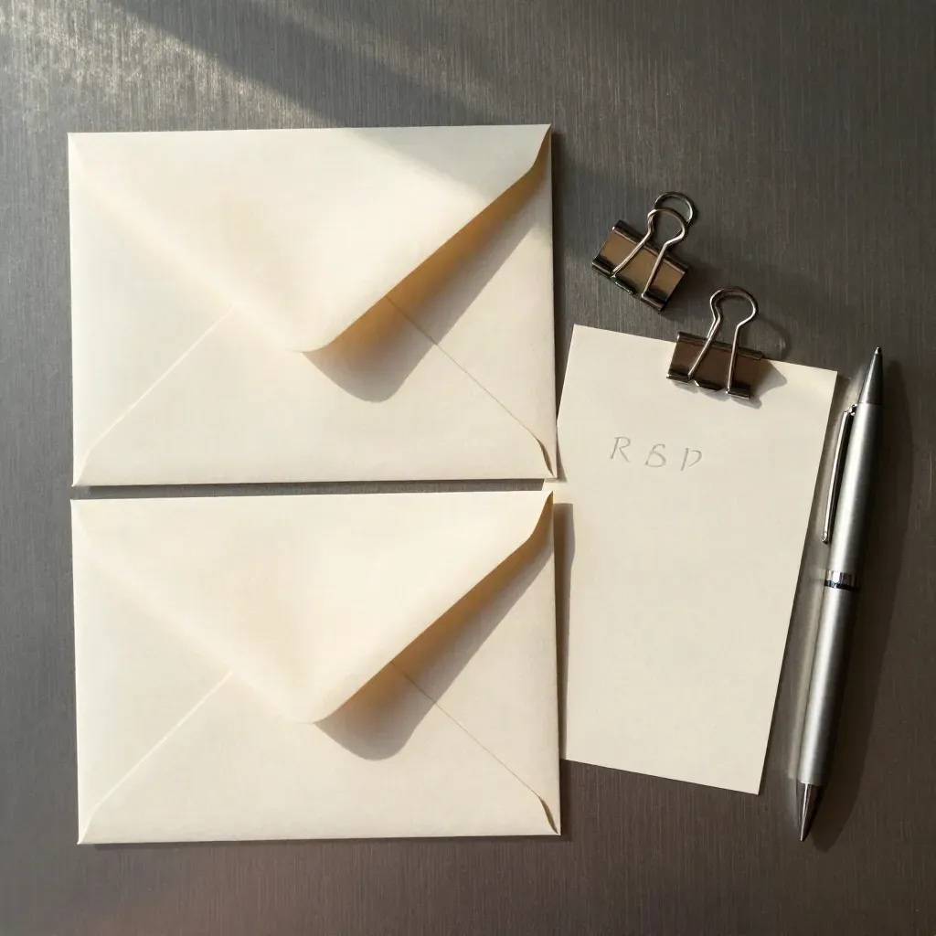 Overhead ivory RSVP envelopes, guest tags, clips, and a pen on brushed metal for bridal planning.