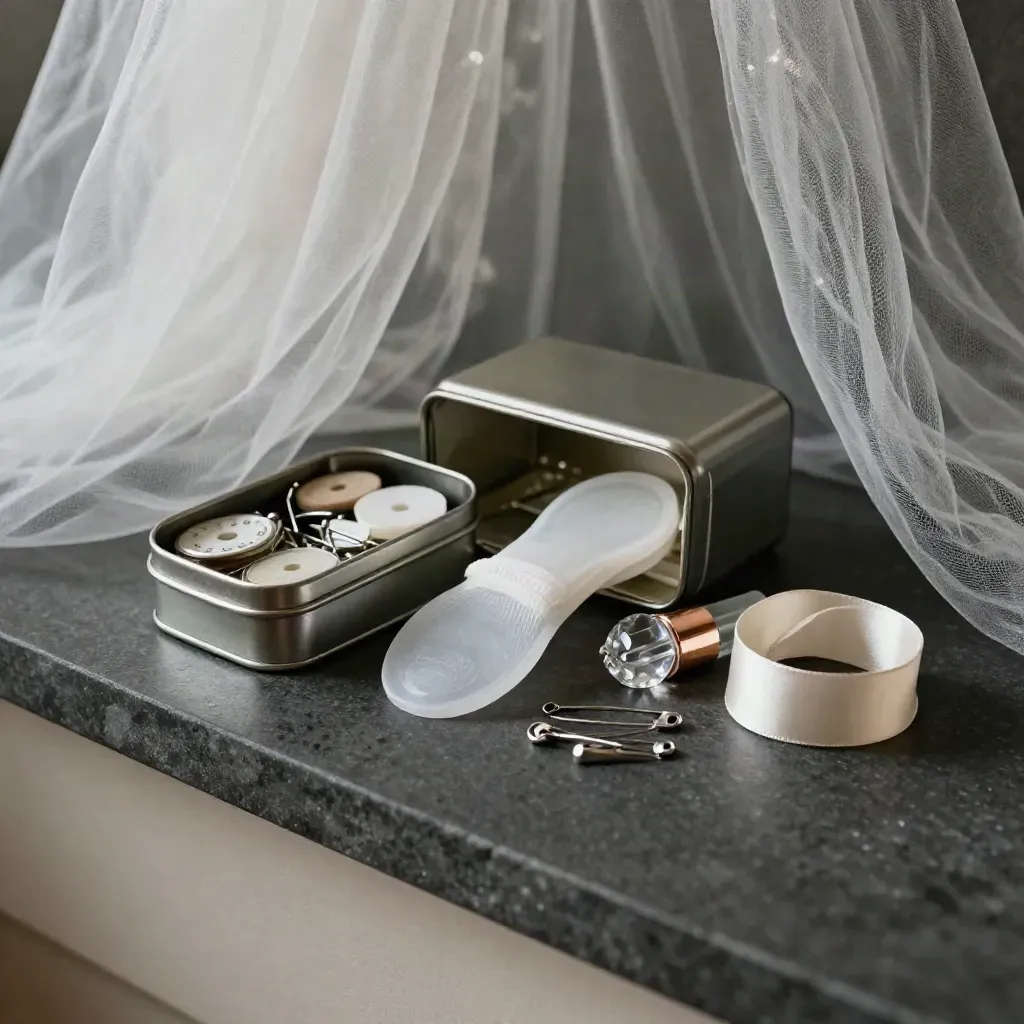 Bridal emergency kit with sewing tin, lint roller, heel grips, pins, atomizer and ribbon on dark stone.