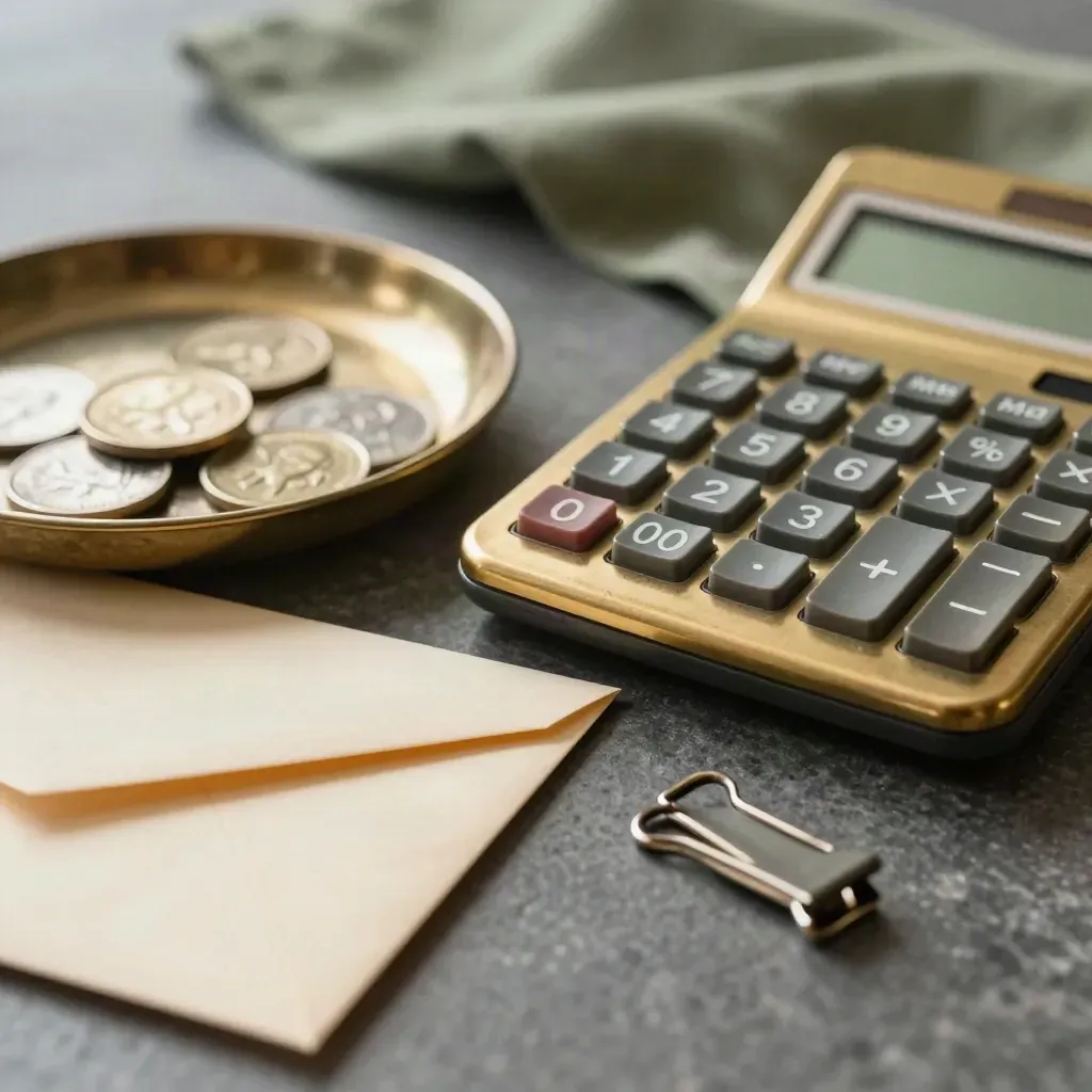 Brass calculator, coins, budget envelopes, and metal clips on dark stone
