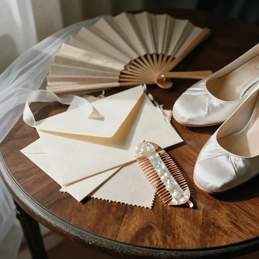 Overhead bridal still life of envelopes, swatches, pearl comb, and ivory shoes in warm shadow.