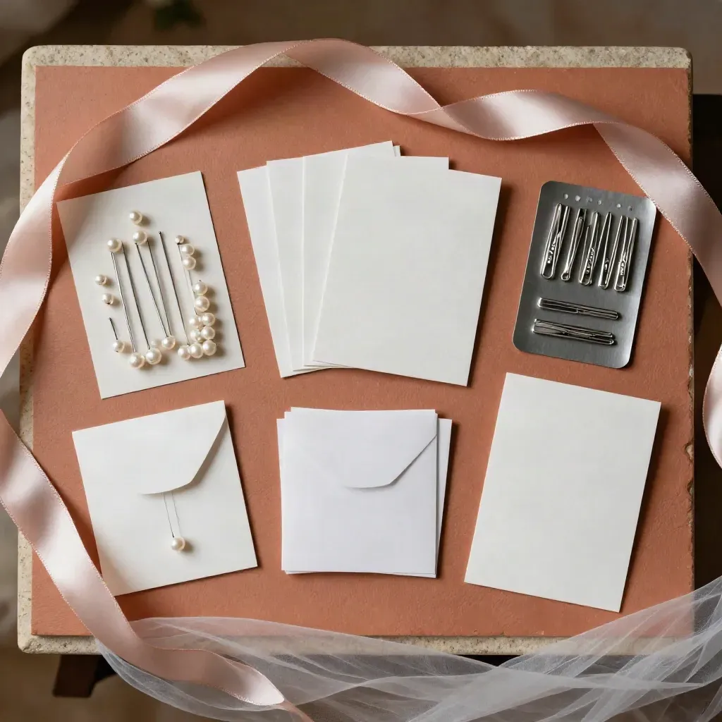 Flatlay of bridal task bundles, pearl pins, note cards, and clips on terracotta with tulle