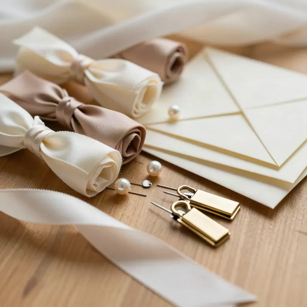 Macro bridal planning still life with ribbons, envelopes, pins, and brass clips