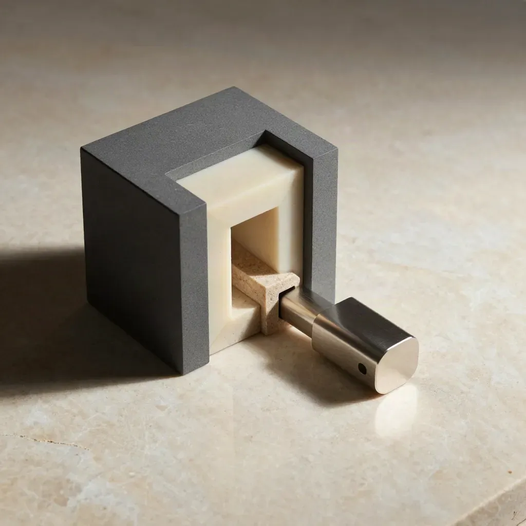 Overhead modular blocks, stone spacer, and aluminum connector on pale limestone with dramatic shadows.