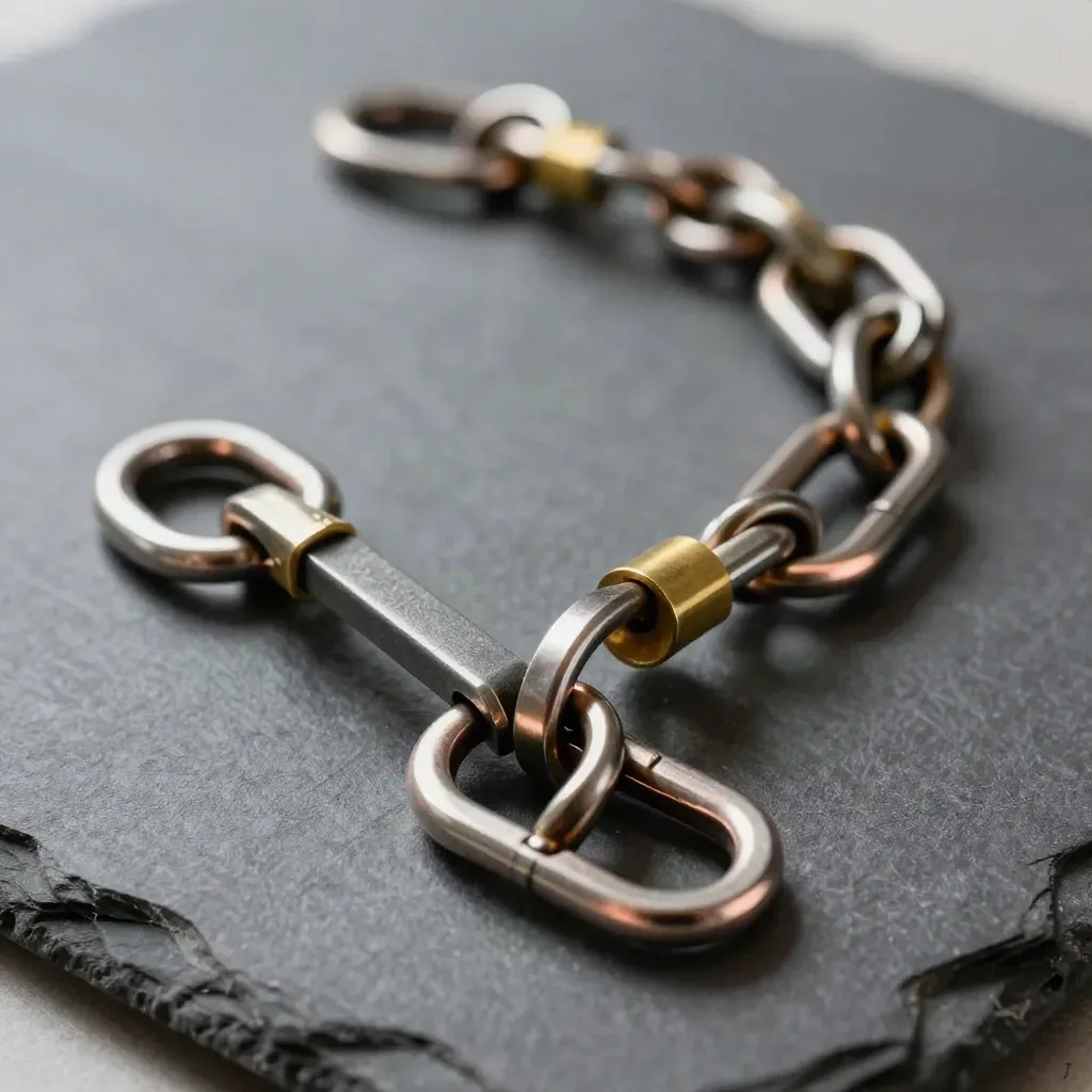 Linked brass couplings and graphite rings on dark slate with a soft rose-gold sheen.