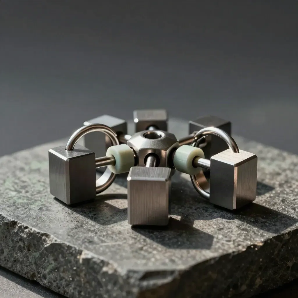 Top-down still life of aluminum hoops, connector node, and matte blocks on charcoal stone with soft sage accent.