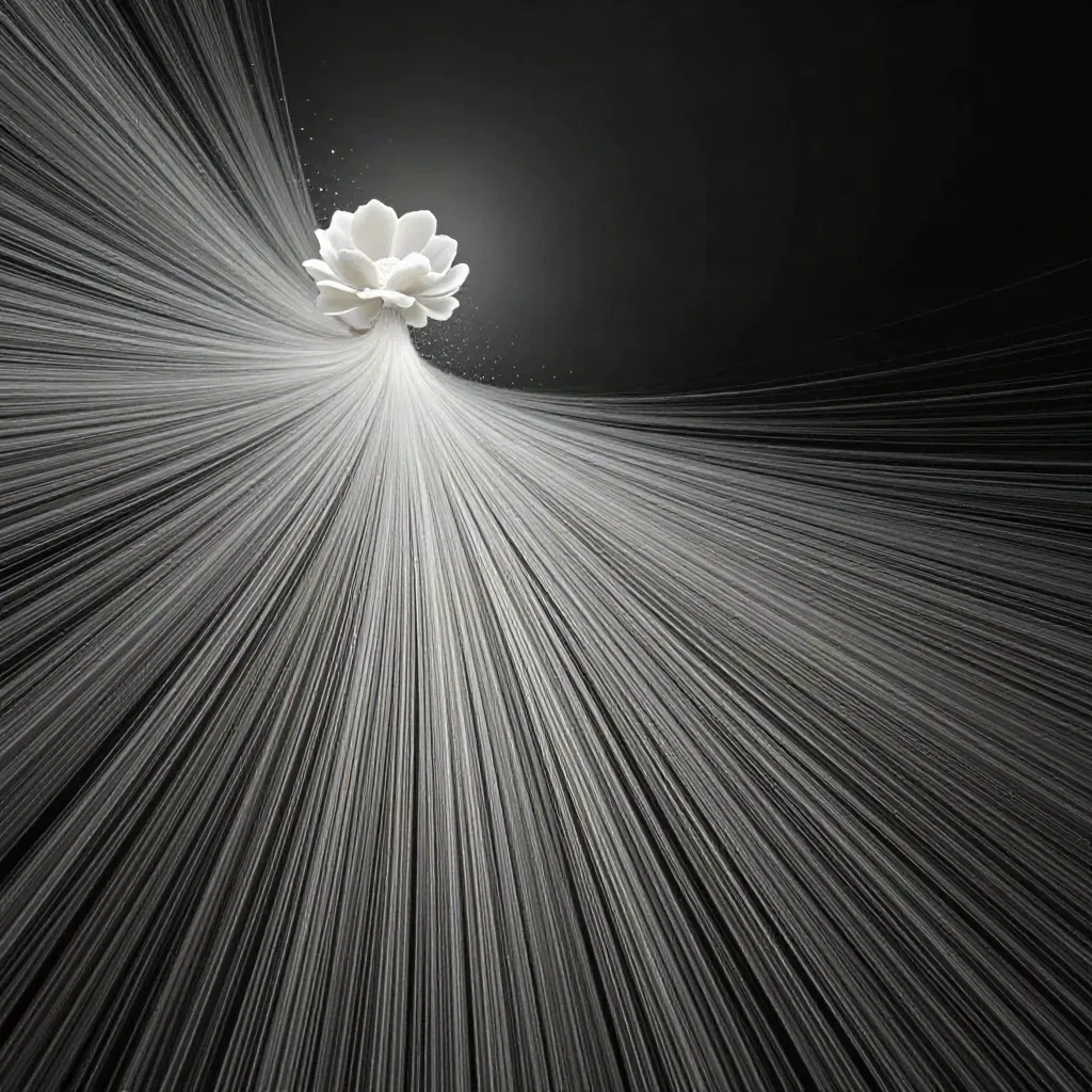 Silver filaments converge into a white bloom in a dark graphite void, leaving space for a headline.